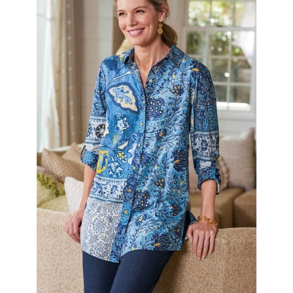 Soft Surroundings Linda Big Shirt Spring Blue Mixed Print Boho Patchwork Size 1X